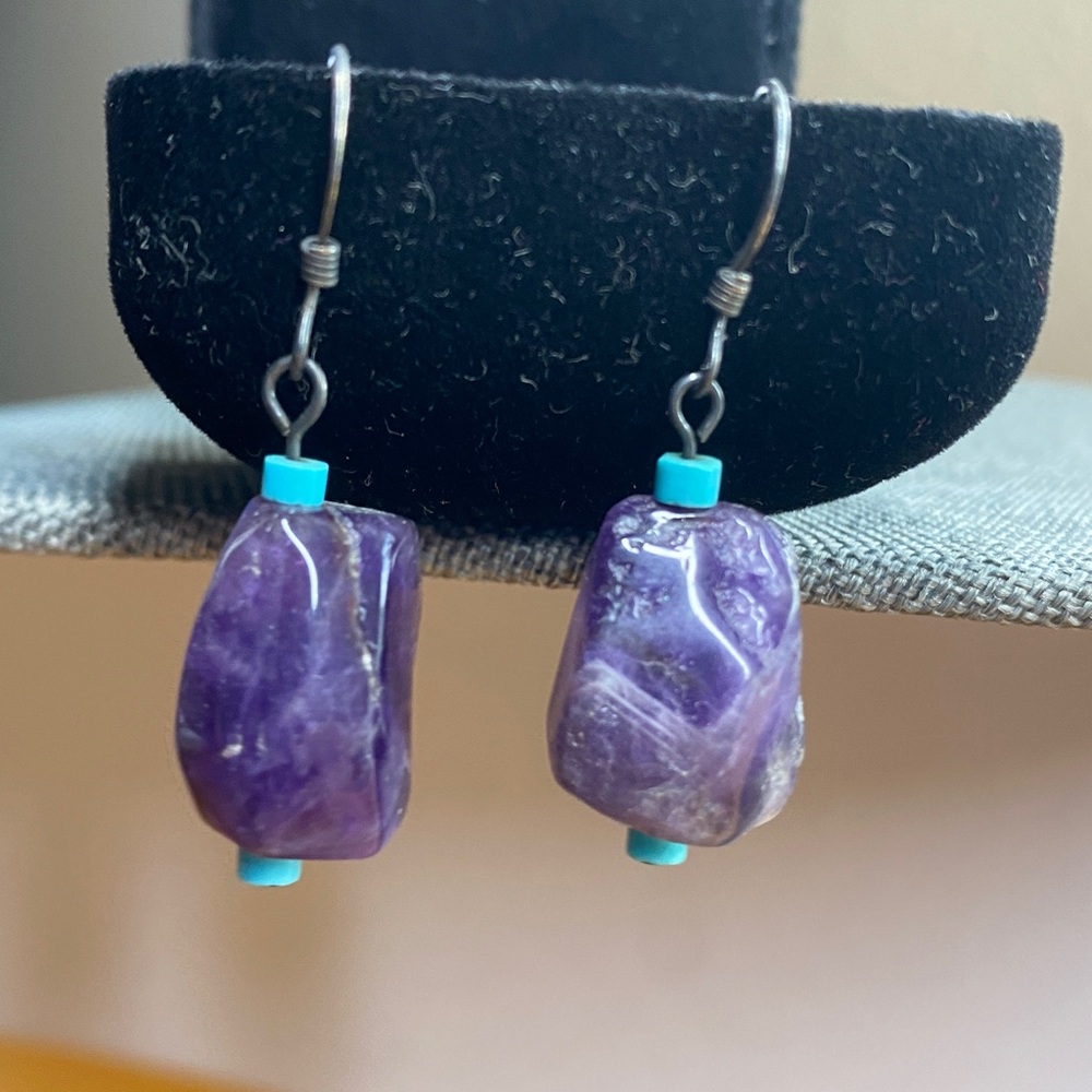 Sterling Silver, Amethyst & Turquoise Earrings – Rough Cut Amethyst Dangle